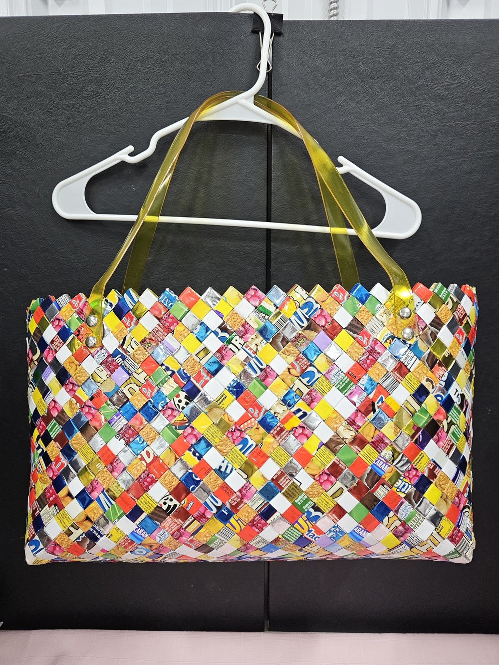 Colorful Candy Wrapper Woven Recycled Tote Bag with Yellow Handles